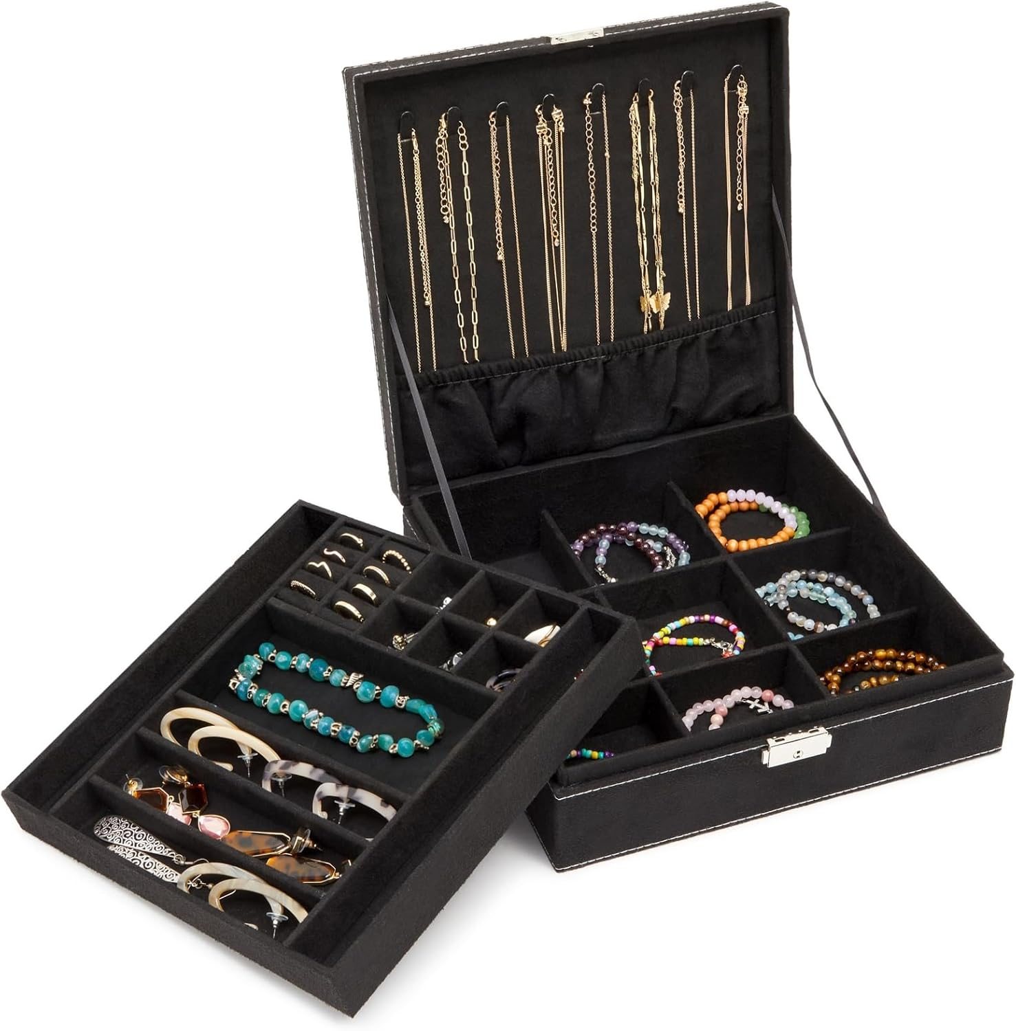 Juvale Velvet Jewelry Box Organizer – Lockable 2 Layer Travel Case, Earrings Storage with Removable Tray for Women, Men (Black) Juvale Velvet Jewelry Box Organizer – Lockable 2 Layer Travel Case, Earrings Storage with Removable Tray for Women, Men (Black)