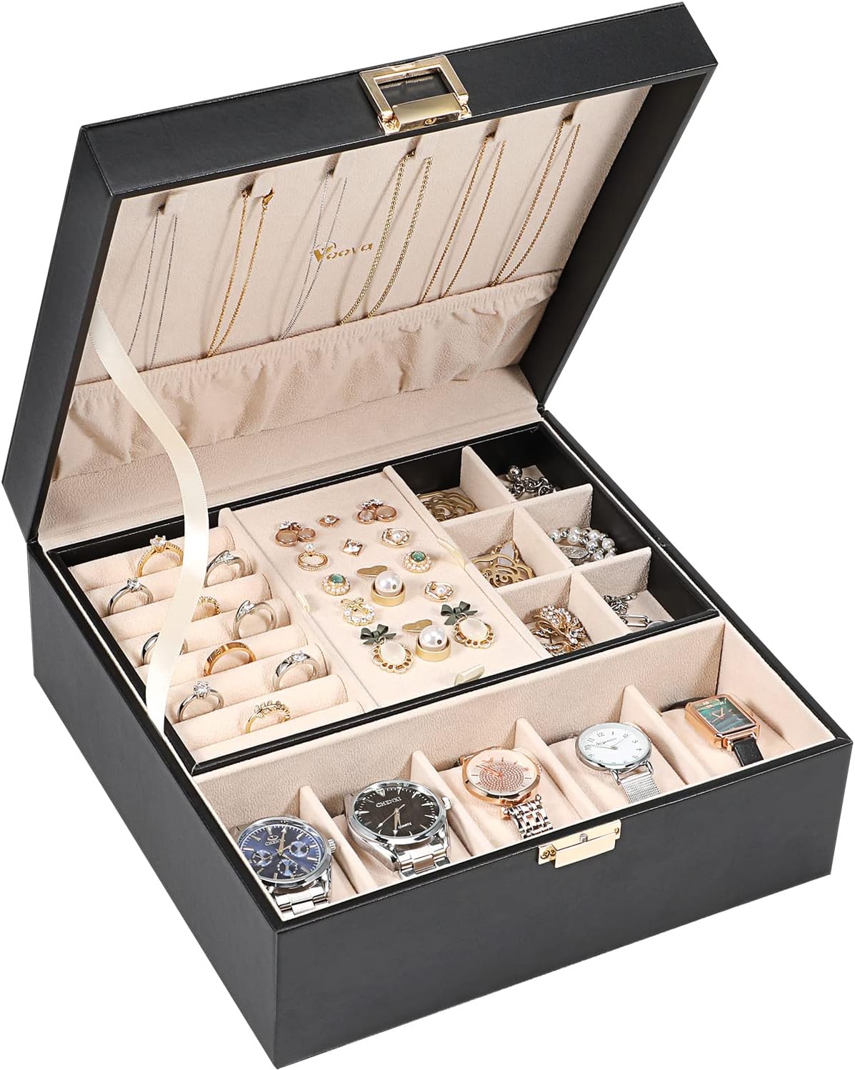 Voova Jewelry Box Organizer for Women Men, 2 Layer Large Watch Storage Case, PU Leather Jewelry Display Holder with Removable Tray for Watches Sunglasses Rings Earrings Necklace, Black Voova Jewelry Box Organizer for Women Men, 2 Layer Large Watch Storage Case, PU Leather Jewelry Display Holder with Removable Tray for Watches Sunglasses Rings Earrings Necklace, Black