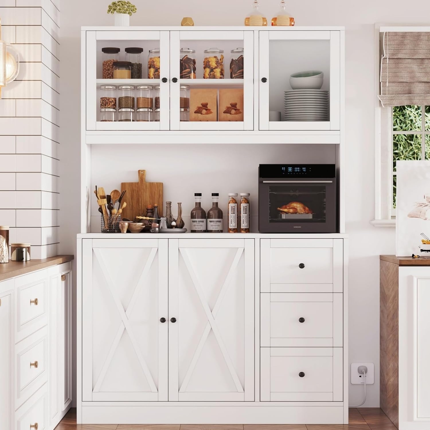 Irontar 70.9” Kitchen Pantry Cabinet, Kitchen Hutch with Microwave Stand & Charging Station, Farmhouse Tall Storage Cabinet with Countertop, Bar Cabinet with Drawer and Glass Doors, White CWG011WE Irontar 70.9” Kitchen Pantry Cabinet, Kitchen Hutch with Microwave Stand & Charging Station, Farmhouse Tall Storage Cabinet with Countertop, Bar Cabinet with Drawer and Glass Doors, White CWG011WE