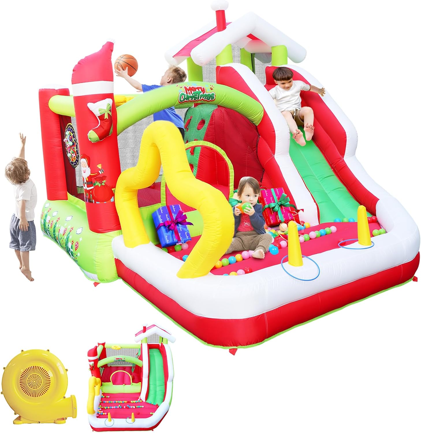 Inflatable Bounce House for Kids, Christmas Jumping Slide Castle with Air Blower Outdoor Indoor Playground Equipment for Boys Girls Christmas Birthday Gifts Multicolor Inflatable Bounce House for Kids, Christmas Jumping Slide Castle with Air Blower Outdoor Indoor Playground Equipment for Boys Girls Christmas Birthday Gifts Multicolor
