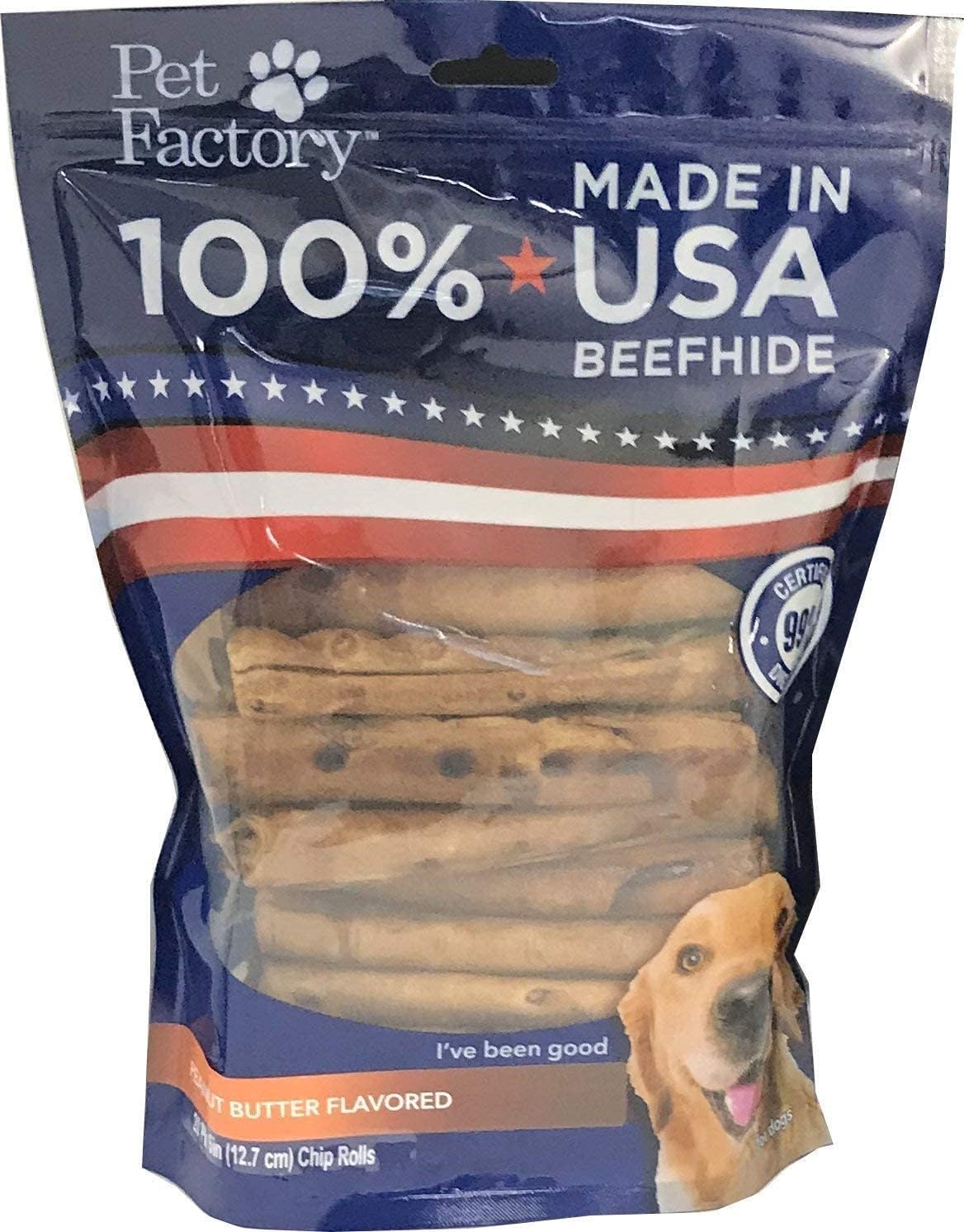 Pet Factory 100% Made in USA Beefhide 5″ Chip Rolls Dog Chew Treats – Peanut Butter Flavor, 20 Count/1 Pack Pet Factory 100% Made in USA Beefhide 5″ Chip Rolls Dog Chew Treats – Peanut Butter Flavor, 20 Count/1 Pack