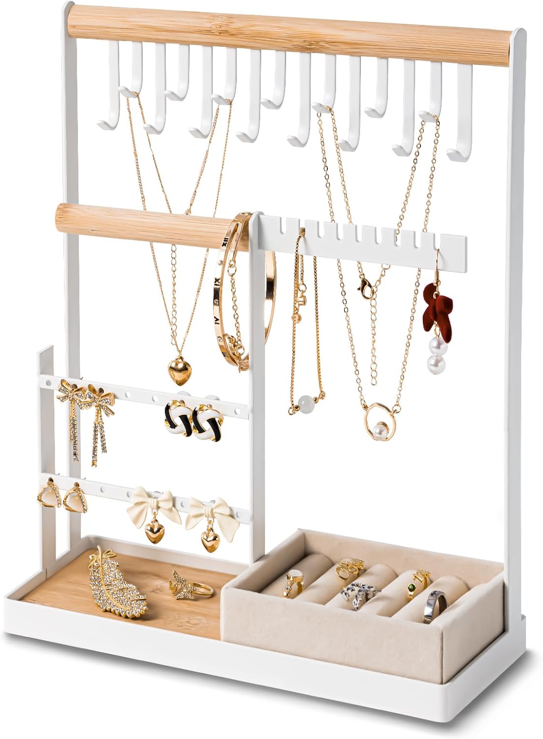 DreamGenius Jewelry Organizer Stand with Velvet Ring Holder, 4 Tier Jewelry Holder Organizer with 15 Hooks Necklace Organizer and Bracket Holder, Jewelry Stand with 16 Holes for Earring Holder, White DreamGenius Jewelry Organizer Stand with Velvet Ring Holder, 4 Tier Jewelry Holder Organizer with 15 Hooks Necklace Organizer and Bracket Holder, Jewelry Stand with 16 Holes for Earring Holder, White