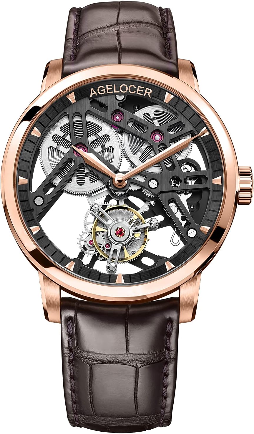 AGELOCER Men’s Double-Sided Hollow Tourbillon Hand-Operated Mechanical Leather Wristwatch AGELOCER Men’s Double-Sided Hollow Tourbillon Hand-Operated Mechanical Leather Wristwatch