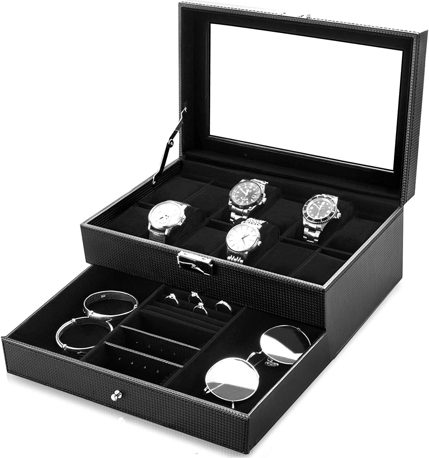 Oyydecor Watch Box 12 Slots Watch Organizer Jewelry Display Case Organizer with Jewelry Drawer for Storage and Display Lockable Oyydecor Watch Box 12 Slots Watch Organizer Jewelry Display Case Organizer with Jewelry Drawer for Storage and Display Lockable
