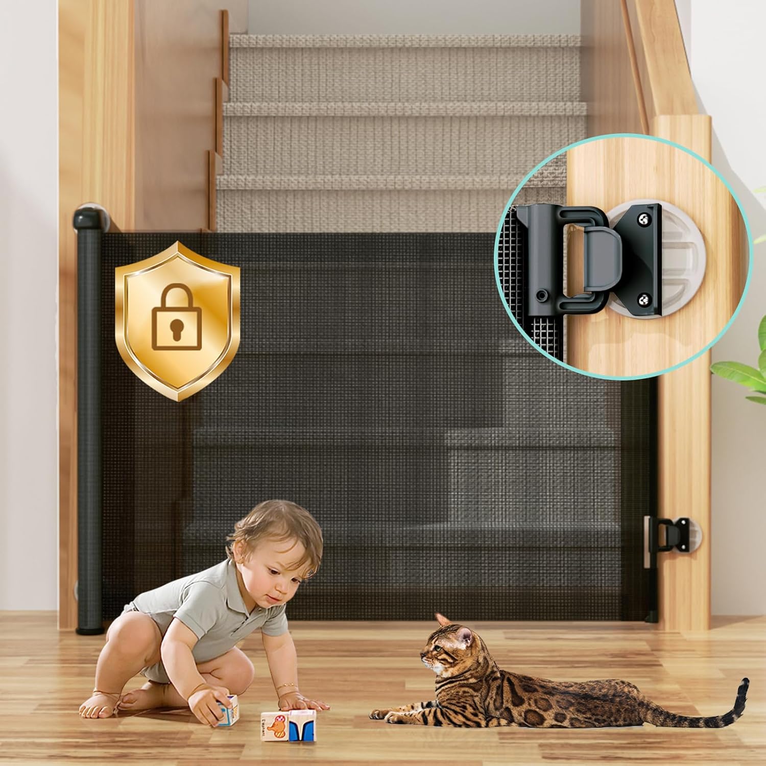 Retractable Baby Gates No Drill for Stairs Doorways with Auto-lock, 33″ *55” Mesh Baby/Dog/Pet/Cat Gate Safety Double Locking, Punch-free Durable Safety Gate for kitchen Indoor Retractable Baby Gates No Drill for Stairs Doorways with Auto-lock, 33″ *55” Mesh Baby/Dog/Pet/Cat Gate Safety Double Locking, Punch-free Durable Safety Gate for kitchen Indoor