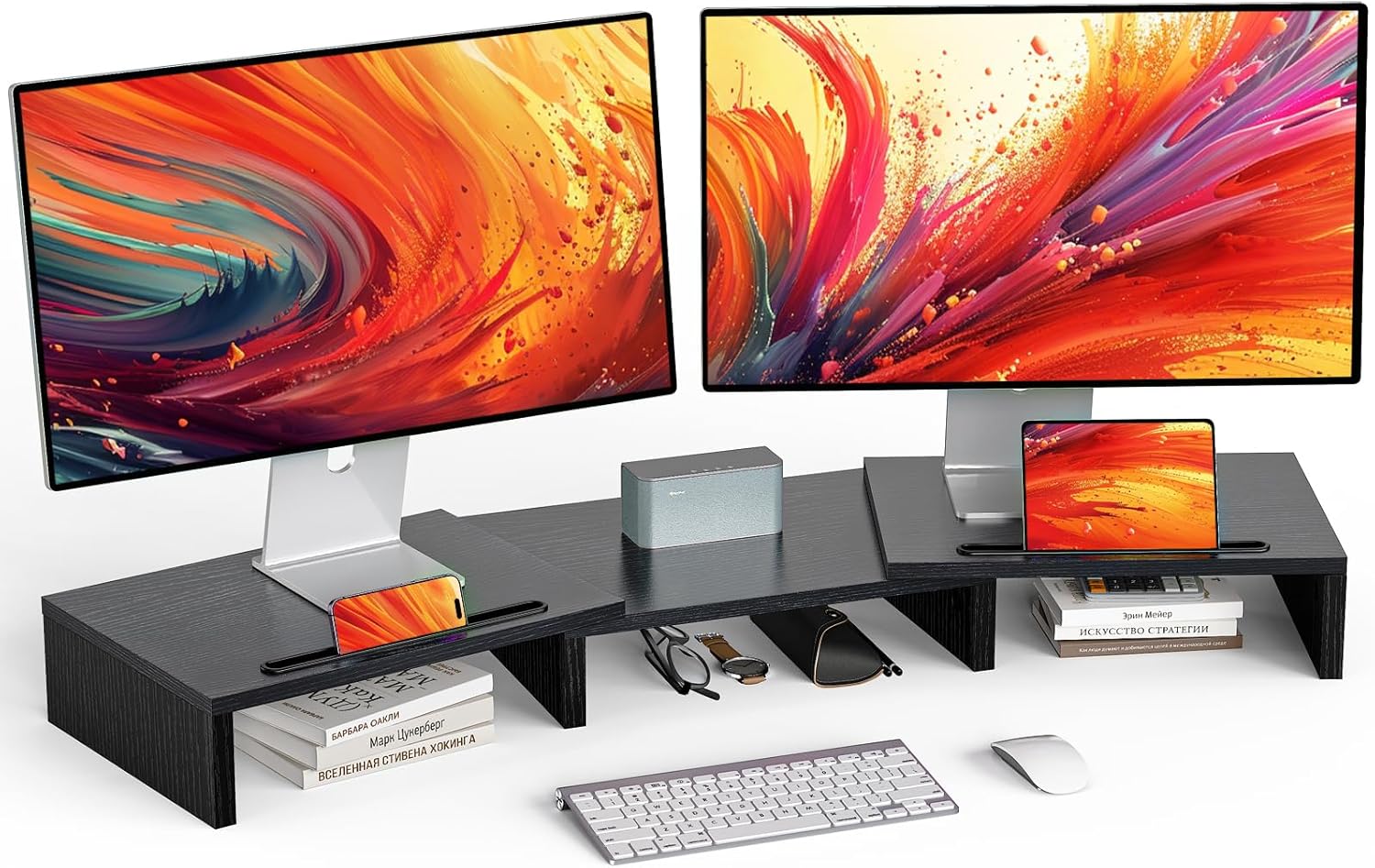 LORYERGO Dual Monitor Stand for Desk, Monitor Stand with 2 Slots for Phone and Tablet, Dual Monitor Riser with Length and Angle Adjustable, Computer Stand for Monitor, Laptop, Tablet (Black) LORYERGO Dual Monitor Stand for Desk, Monitor Stand with 2 Slots for Phone and Tablet, Dual Monitor Riser with Length and Angle Adjustable, Computer Stand for Monitor, Laptop, Tablet (Black)