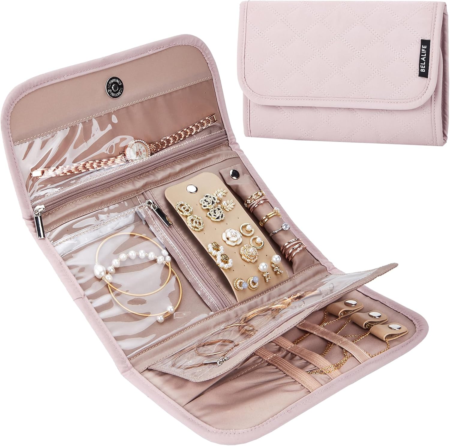 BELALIFE Travel Jewelry Case Organizer, Foldable Jewelry Storage Roll for Earrings, Necklaces, Rings, Bracelets, Brooches, Pink BELALIFE Travel Jewelry Case Organizer, Foldable Jewelry Storage Roll for Earrings, Necklaces, Rings, Bracelets, Brooches, Pink