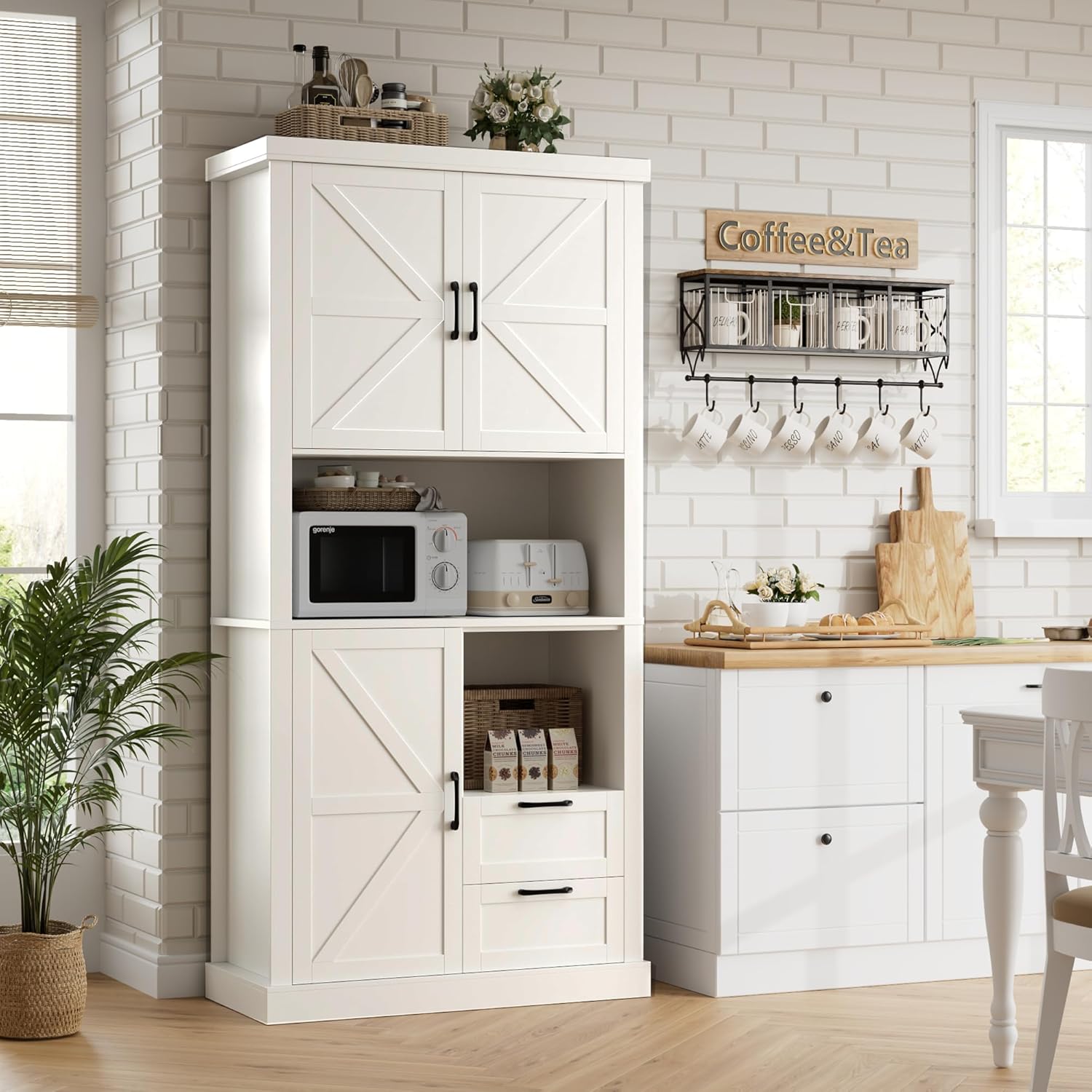 HOSTACK 76″ Tall Farmhouse Kitchen Pantry Cabinet, Kitchen Hutch Bar Cabinet with Drawers & Shelves, Large Wood Storage Cabinet with Barn Doors & Microwave Stand, Cupboard for Dining Room, White HOSTACK 76″ Tall Farmhouse Kitchen Pantry Cabinet, Kitchen Hutch Bar Cabinet with Drawers & Shelves, Large Wood Storage Cabinet with Barn Doors & Microwave Stand, Cupboard for Dining Room, White