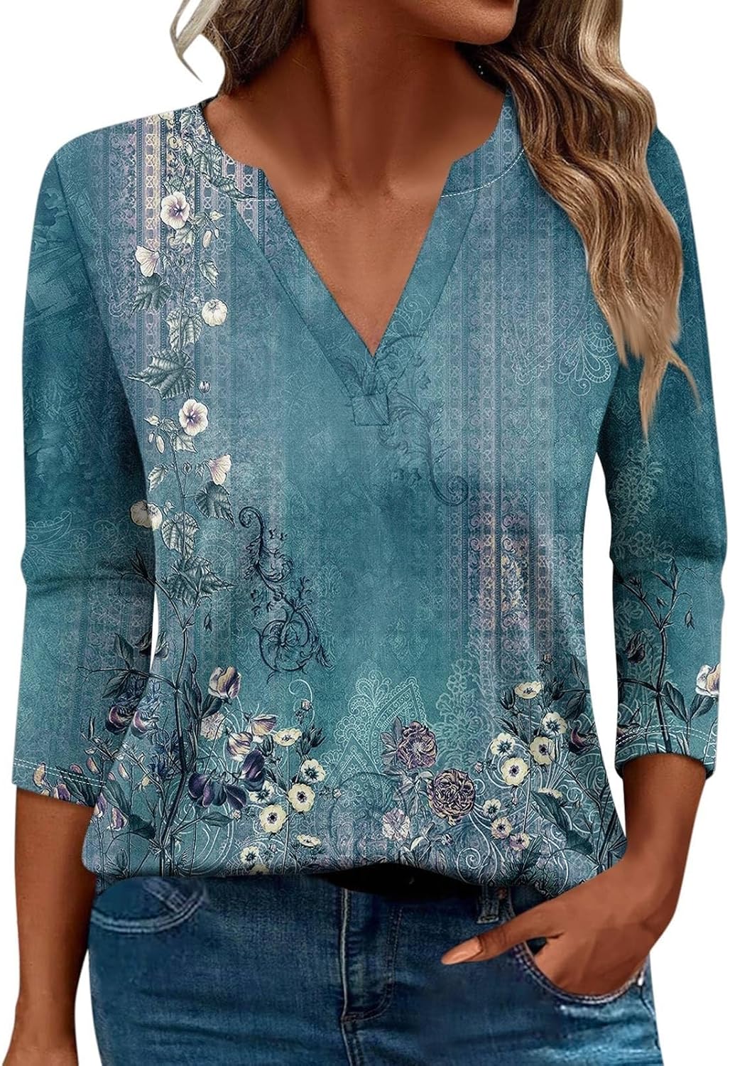 Womens 3/4 Sleeve Shirts Summer Boho Floral Print Blouses Casual V-Neck Tshirt Ladies Daily Tunic Tops 2024 Womens 3/4 Sleeve Shirts Summer Boho Floral Print Blouses Casual V-Neck Tshirt Ladies Daily Tunic Tops 2024