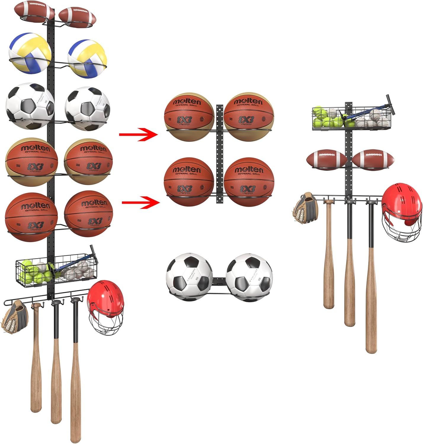 Ball Holder Wall Mount:7 Tier Detachable Wall Mounted Basketball Rack,Vertical/Horizontal DIY with Hooks for Basketball Soccer Ball Volleyball baseball Storage Display Ball Holder Wall Mount:7 Tier Detachable Wall Mounted Basketball Rack,Vertical/Horizontal DIY with Hooks for Basketball Soccer Ball Volleyball baseball Storage Display