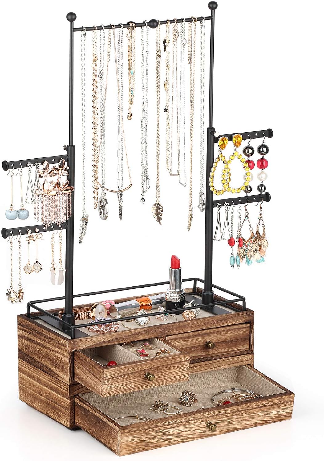 Jewelry Organizer – 2 Layer Wooden Jewelry Drawer Storage Box with 6 Tier Jewelry Tree Stand, Jewelry Display for Necklaces Bracelet Earring Ring (Carbonized Black) Jewelry Organizer – 2 Layer Wooden Jewelry Drawer Storage Box with 6 Tier Jewelry Tree Stand, Jewelry Display for Necklaces Bracelet Earring Ring (Carbonized Black)