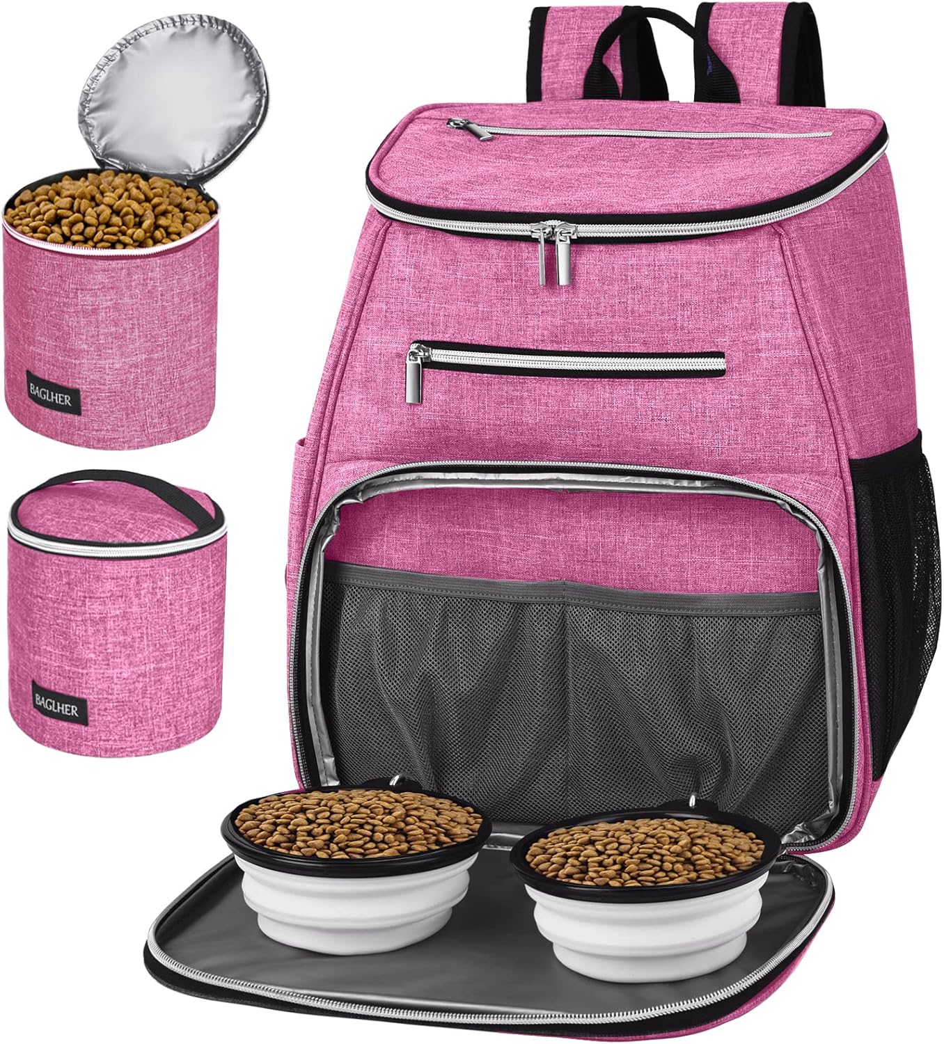 BAGLHER丨Dog Travel Bag Backpack, Airline Approved Pet Supplies Backpack, Dog Travel Backpack with 2 Silicone Collapsible Bowls and 2 Food Baskets Pink BAGLHER丨Dog Travel Bag Backpack, Airline Approved Pet Supplies Backpack, Dog Travel Backpack with 2 Silicone Collapsible Bowls and 2 Food Baskets Pink