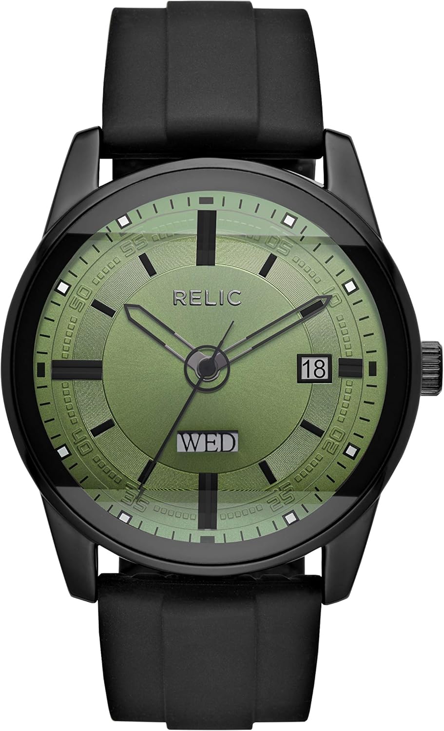 Relic by Fossil Men’s Everet Three-Hand Day Date Black Alloy Metal and Black Silicone Band Watch (Model: ZR12227) Relic by Fossil Men’s Everet Three-Hand Day Date Black Alloy Metal and Black Silicone Band Watch (Model: ZR12227)