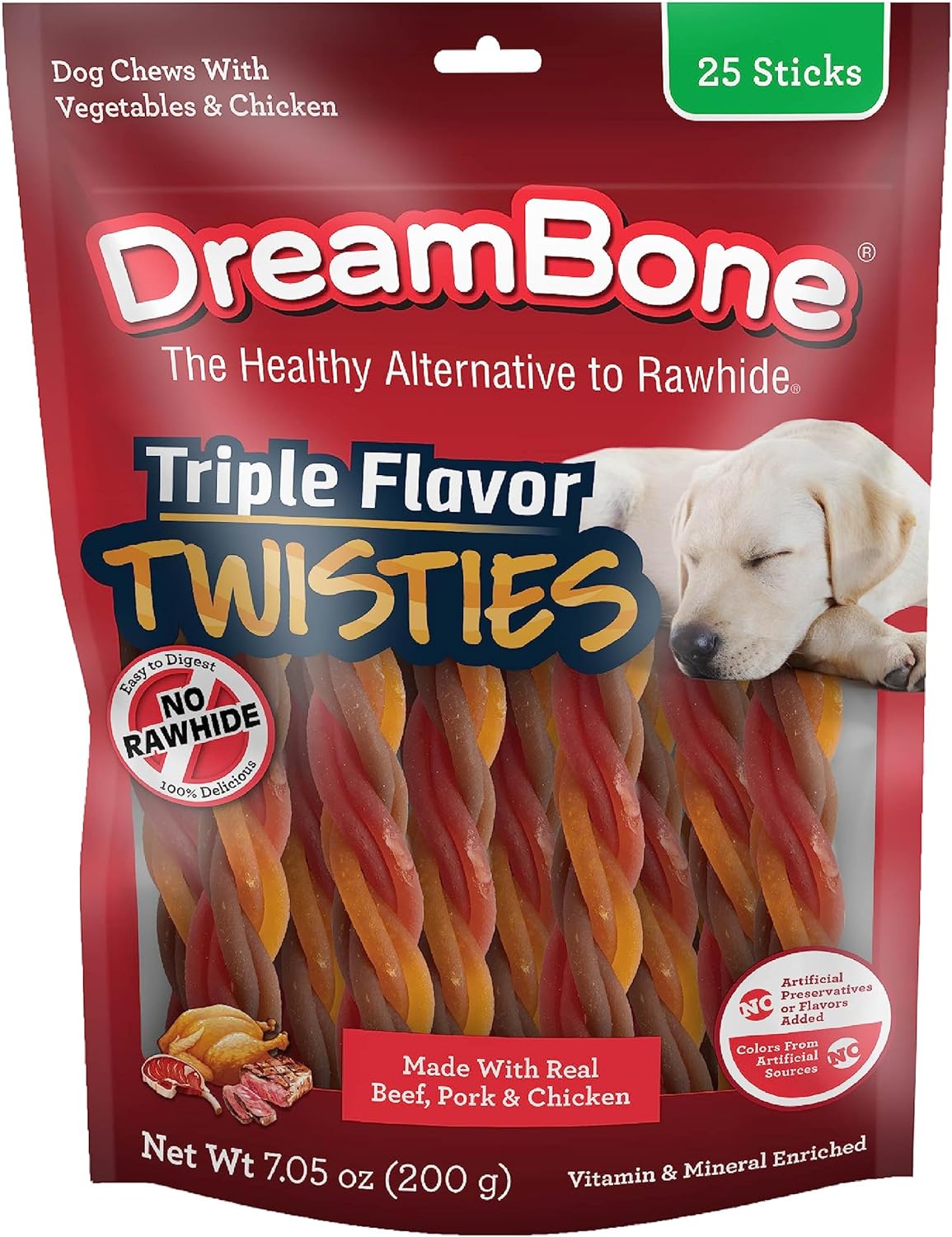 Dreambone Triple Flavor Twisties, 25 Count, Rawhide-Free Dog Chews Made with Real Beef, Pork & Chicken, 7.05 Ounce (Pack of 1) Dreambone Triple Flavor Twisties, 25 Count, Rawhide-Free Dog Chews Made with Real Beef, Pork & Chicken, 7.05 Ounce (Pack of 1)