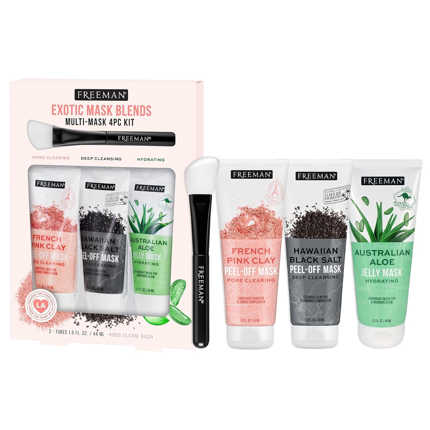 Freeman Exotic Blends Facial Mask 4 Piece Set, Peel-Off & Jelly Masks, Cleansing, Pore-Clearing & Hydrating Facial Masks, For All Skin Types, Includes Silicone Mask Brush, Vegan & Cruelty-Free Freeman Exotic Blends Facial Mask 4 Piece Set, Peel-Off & Jelly Masks, Cleansing, Pore-Clearing & Hydrating Facial Masks, For All Skin Types, Includes Silicone Mask Brush, Vegan & Cruelty-Free