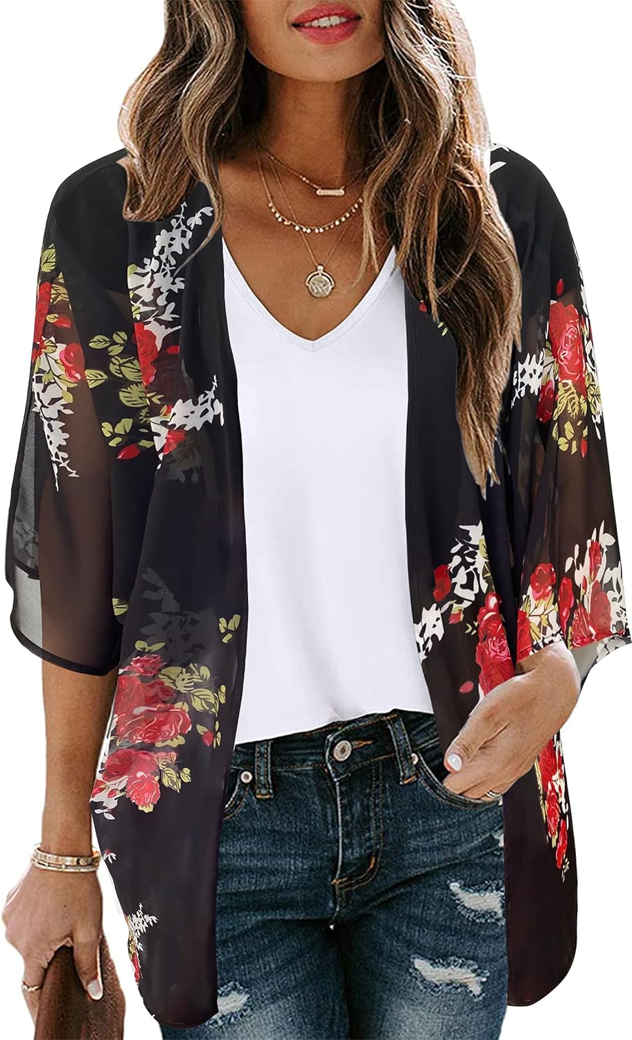 Women’s Floral Print Puff Sleeve Kimono Cardigan Loose Cover Up Casual Blouse Tops Women’s Floral Print Puff Sleeve Kimono Cardigan Loose Cover Up Casual Blouse Tops