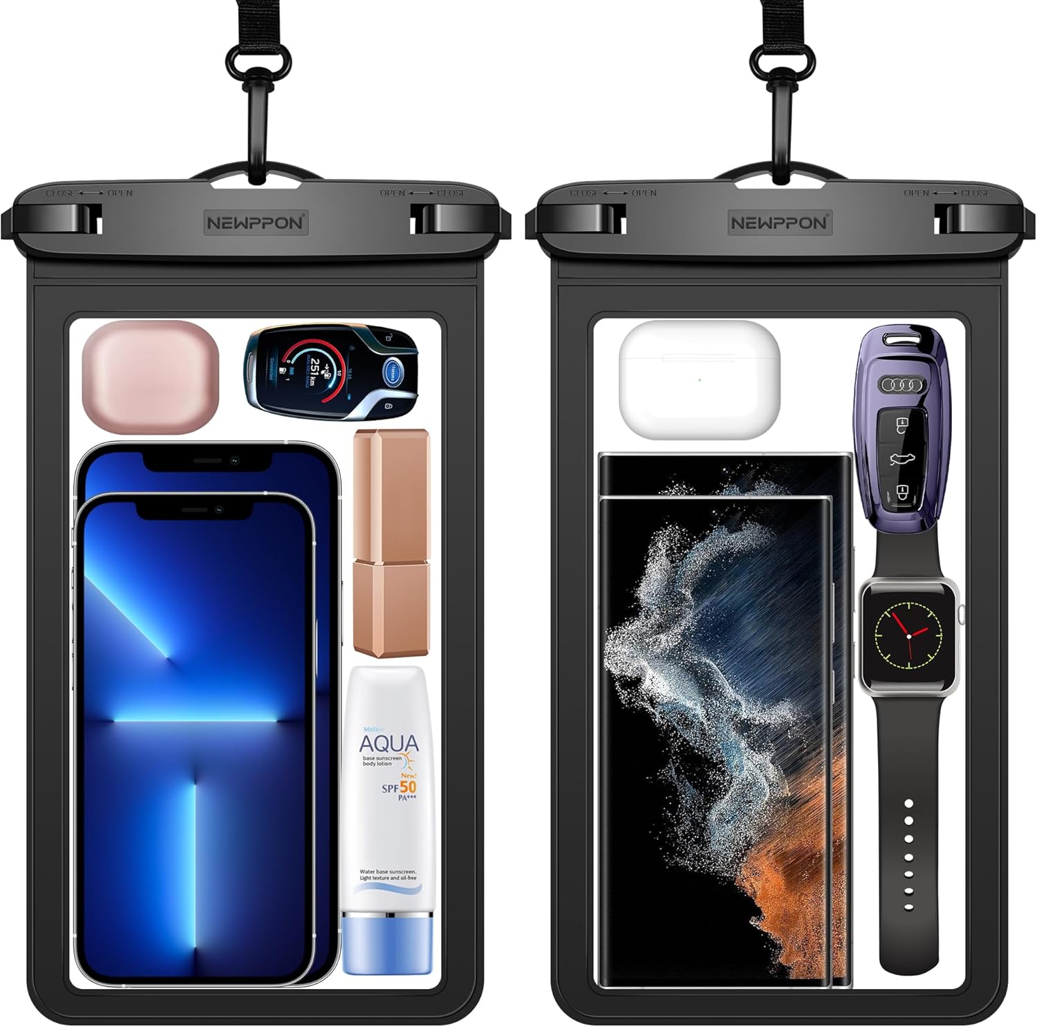 newppon Large Waterproof Phone Pouch : 2 Pack Underwater Clear Cellphone Holder – Universal Water-Resistant Dry Bag Case with Neck Lanyard for iPhone Samsung Galaxy for Beach Swimming Pool newppon Large Waterproof Phone Pouch : 2 Pack Underwater Clear Cellphone Holder – Universal Water-Resistant Dry Bag Case with Neck Lanyard for iPhone Samsung Galaxy for Beach Swimming Pool