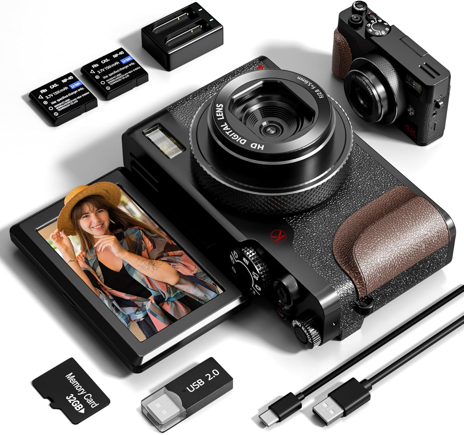 Digital Camera, 56MP Cameras for Photography, 4K Vlogging Camera for YouTube, 180°Flip Screen Digital Point and Shoot Camera with 16X Zoom, Compact Camera for Beginner with 32GB SD Card(2 Batteries) Digital Camera, 56MP Cameras for Photography, 4K Vlogging Camera for YouTube, 180°Flip Screen Digital Point and Shoot Camera with 16X Zoom, Compact Camera for Beginner with 32GB SD Card(2 Batteries)