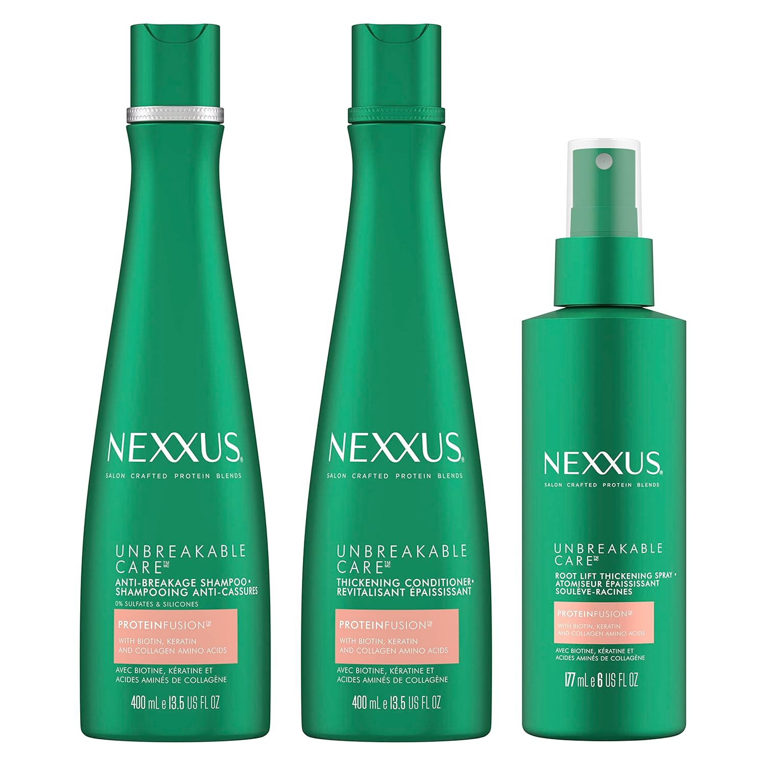 Nexxus Unbreakable Care Shampoo, Conditioner, and Leave-In Spray 3 Pack For Fine and Thin Hair with Keratin, Collagen, Biotin Nexxus Unbreakable Care Shampoo, Conditioner, and Leave-In Spray 3 Pack For Fine and Thin Hair with Keratin, Collagen, Biotin