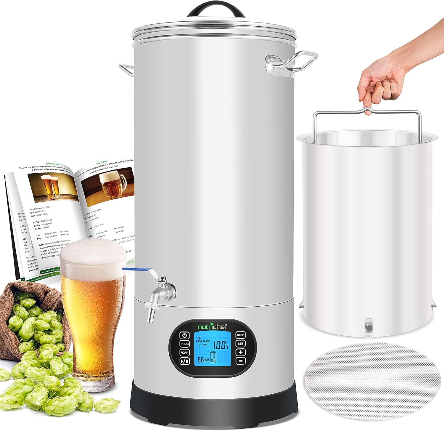 Nutrichef All In One Home Beer Brewing Mash and Boil Device 5-Piece Stainless Steel Set 9 Gallon 1600w Max w/ LCD Display Programmable Multi-Step Mashing Control System Nutrichef All In One Home Beer Brewing Mash and Boil Device 5-Piece Stainless Steel Set 9 Gallon 1600w Max w/ LCD Display Programmable Multi-Step Mashing Control System