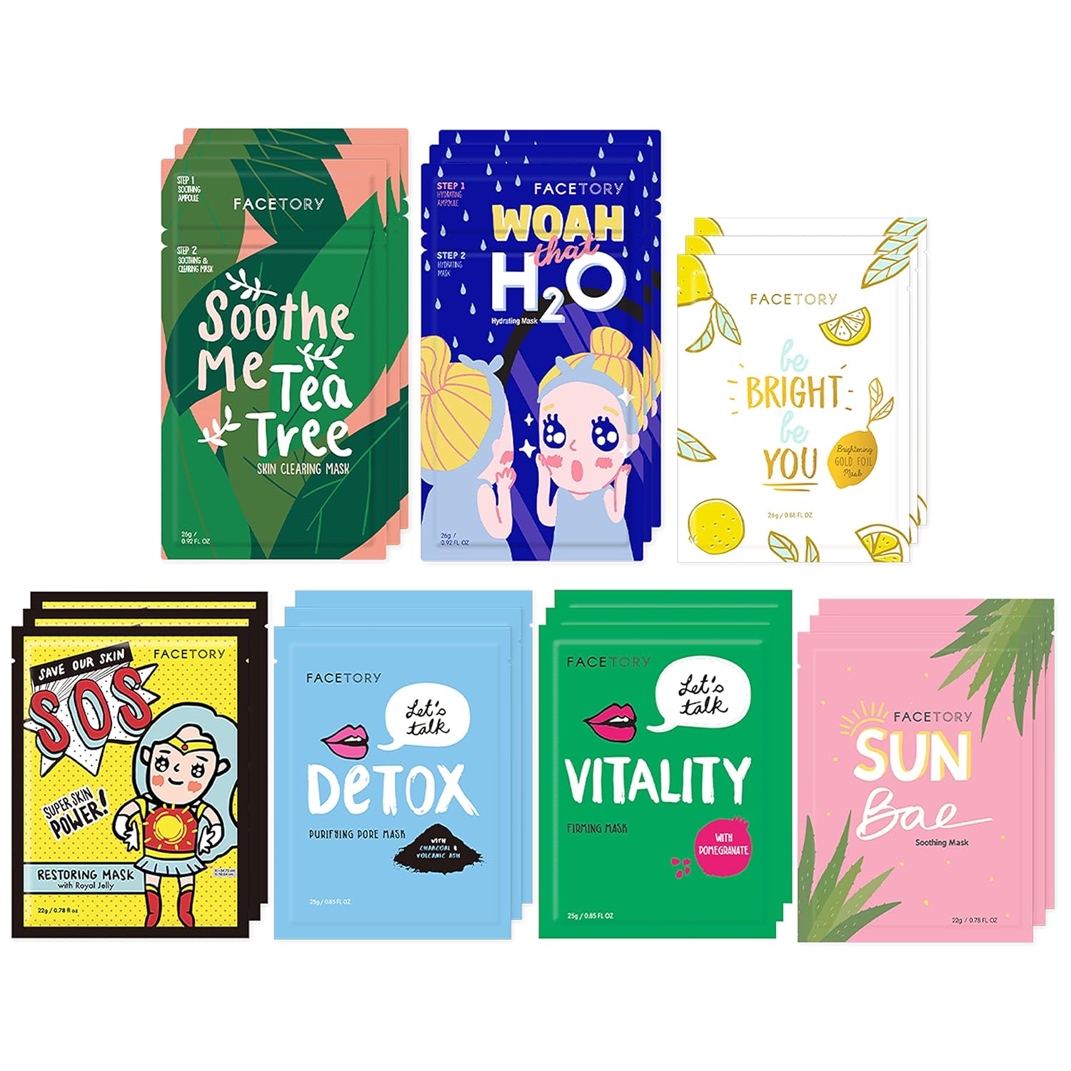 FACETORY K Beauty Face Mask Skin Care – BEST OF 7 COLLECTION Sheet Mask Set (21 pc) | Natural Premium Korean Face Mask For All Skin Types – No Sulfates No Parabens FACETORY K Beauty Face Mask Skin Care – BEST OF 7 COLLECTION Sheet Mask Set (21 pc) | Natural Premium Korean Face Mask For All Skin Types – No Sulfates No Parabens