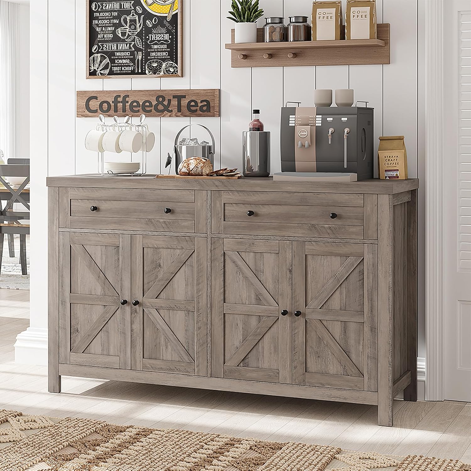 HOSTACK 55″ Buffet Sideboard Cabinet with Storage, Modern Farmhouse Coffee Bar Cabinet with Drawers and Shelves, Barn Door Storage Cabinet for Kitchen, Living Room, Ash Grey HOSTACK 55″ Buffet Sideboard Cabinet with Storage, Modern Farmhouse Coffee Bar Cabinet with Drawers and Shelves, Barn Door Storage Cabinet for Kitchen, Living Room, Ash Grey