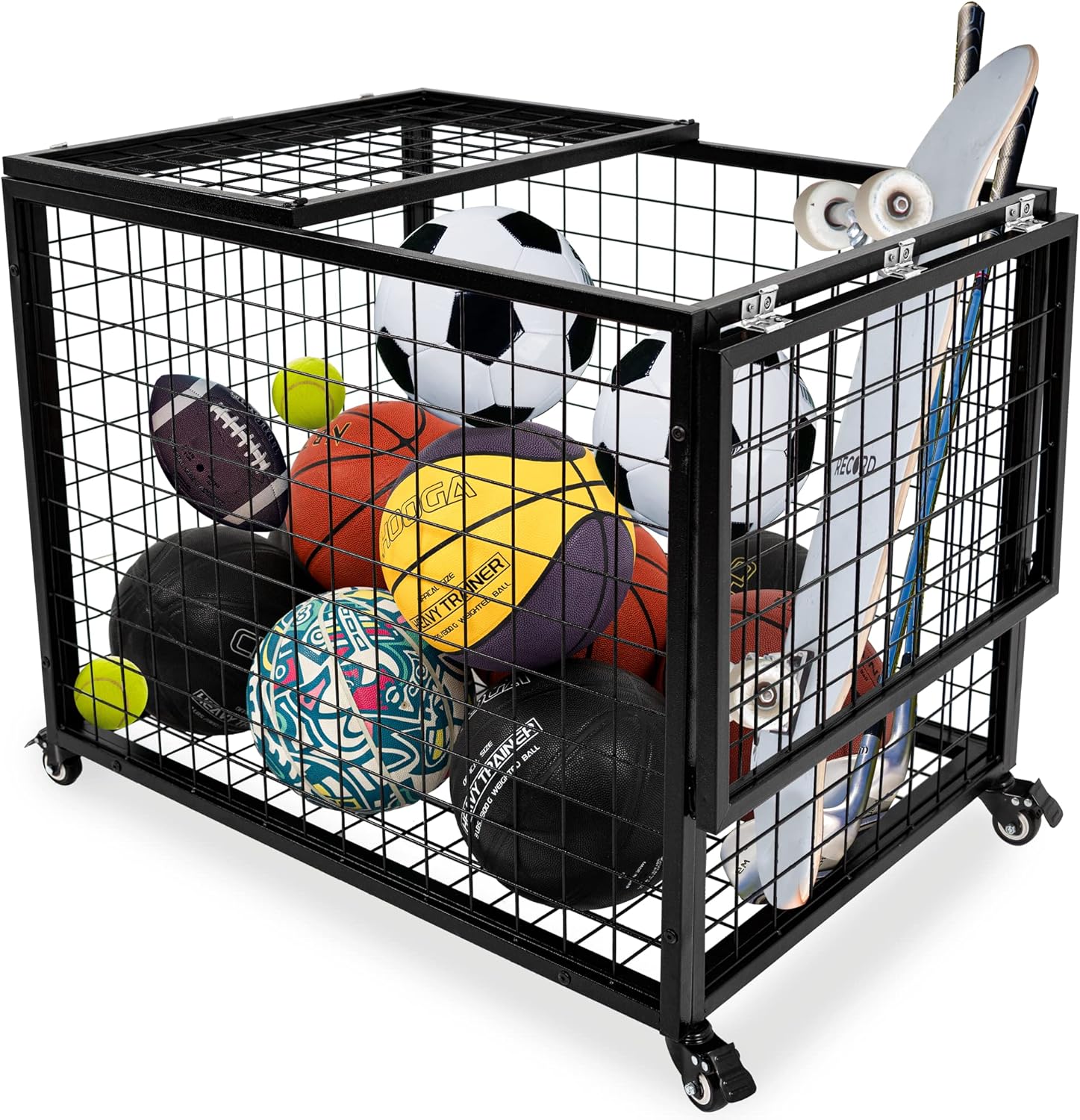 Ball Cart Garage Sports Equipment Organizer with Lockable Lid, Basketball Storage Bin for Indoor Outdoor, Rolling Exercise Ball Cart Holder for Gym, School, Club Ball Cart Garage Sports Equipment Organizer with Lockable Lid, Basketball Storage Bin for Indoor Outdoor, Rolling Exercise Ball Cart Holder for Gym, School, Club
