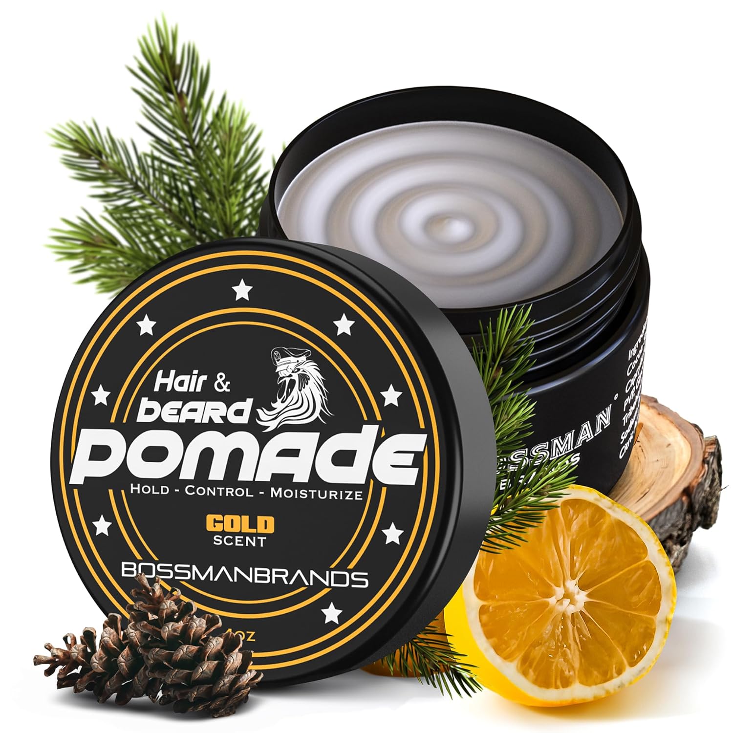 Bossman Hair & Beard Pomade – Moisturizing with Longer Hold and Control – Men’s Hair, Beard and Moustache Styling Product – Made in USA (Gold Scent) Bossman Hair & Beard Pomade – Moisturizing with Longer Hold and Control – Men’s Hair, Beard and Moustache Styling Product – Made in USA (Gold Scent)