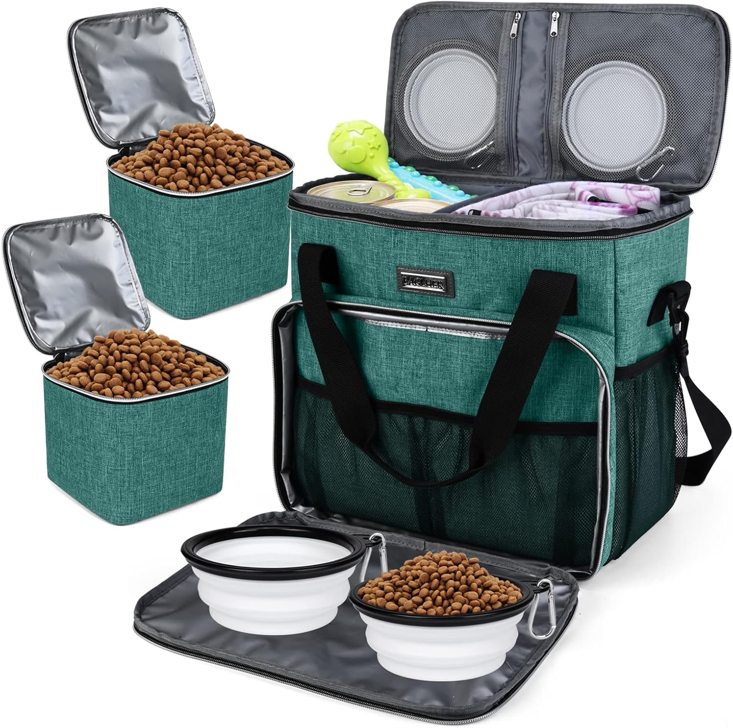 BAGLHER Dog Travel Bag, Pet Travel Bag (All Pet Travel Supplies), with 2 Pet Food Containers and 3 Collapsible Silicone Bowls; Essential Kits for Pet Travel Green BAGLHER Dog Travel Bag, Pet Travel Bag (All Pet Travel Supplies), with 2 Pet Food Containers and 3 Collapsible Silicone Bowls; Essential Kits for Pet Travel Green