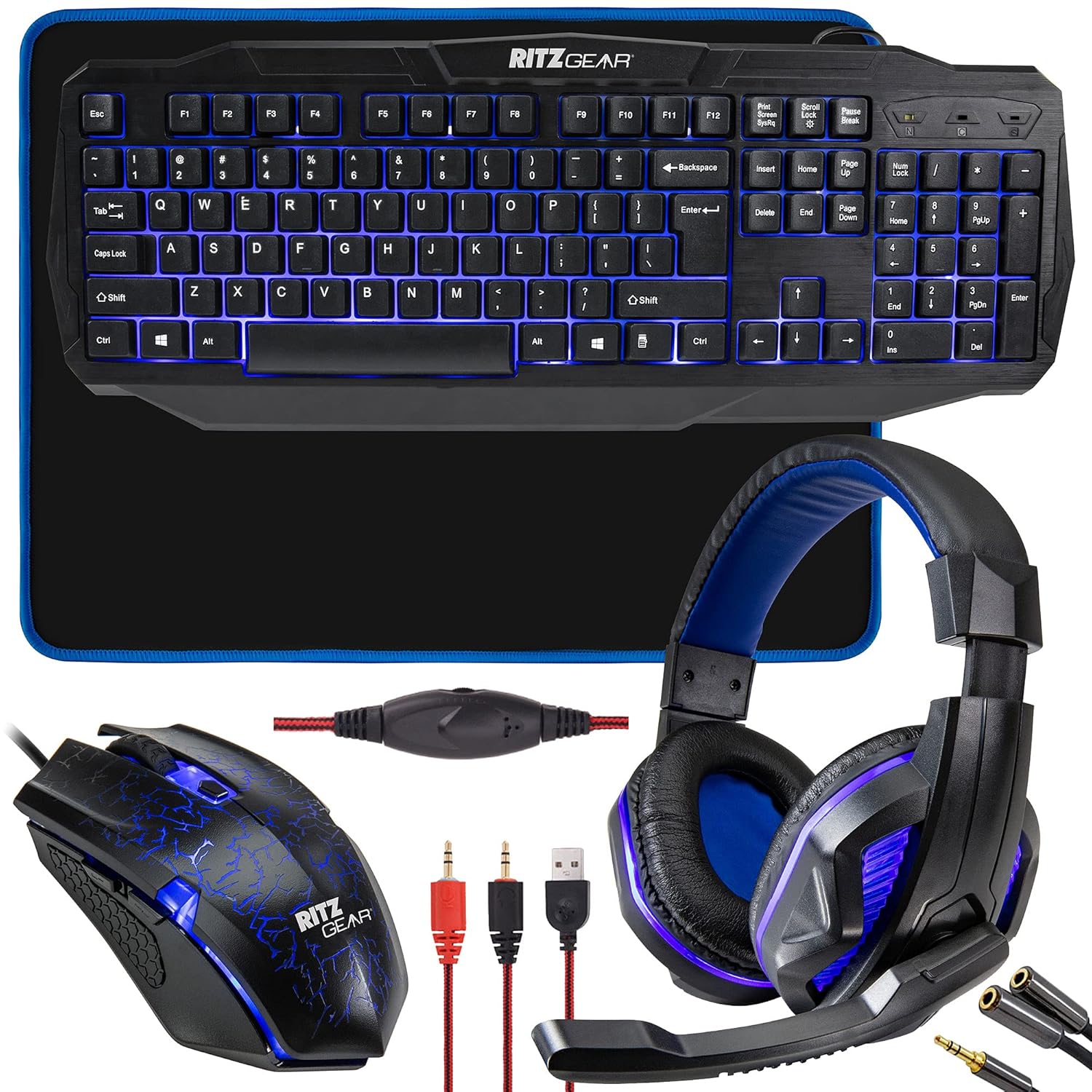 Ritz Gear Gaming Accessories Kit (Blue) | 4-in-1 LED Backlight Bundle PC Combo with Multimedia Keyboard, Optical Mouse, Mouse Pad & Headset with Adapter | for Windows 7+ Desktop, Laptop, Xbox & PS4 Ritz Gear Gaming Accessories Kit (Blue) | 4-in-1 LED Backlight Bundle PC Combo with Multimedia Keyboard, Optical Mouse, Mouse Pad & Headset with Adapter | for Windows 7+ Desktop, Laptop, Xbox & PS4