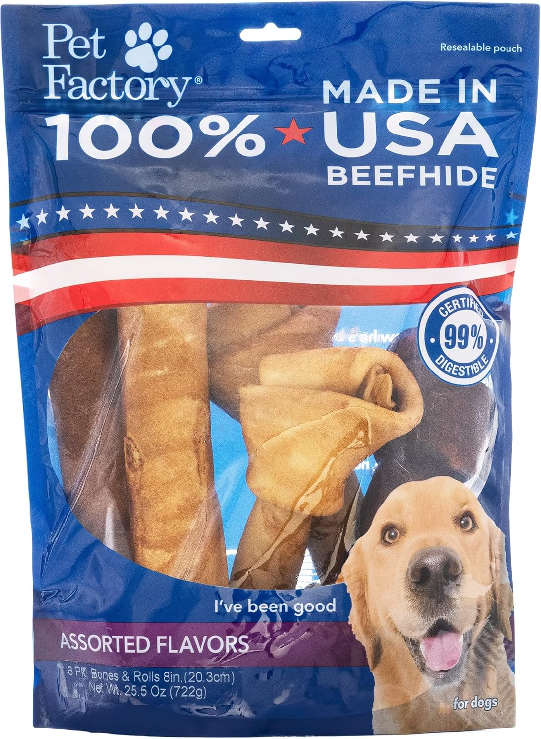 Pet Factory 100% Made in USA Beefhide 8-9″ Assorted (Bones & Rolls) Dog Chew Treats – Beef & Chicken Flavor, 6 Count/1 Pack Pet Factory 100% Made in USA Beefhide 8-9″ Assorted (Bones & Rolls) Dog Chew Treats – Beef & Chicken Flavor, 6 Count/1 Pack