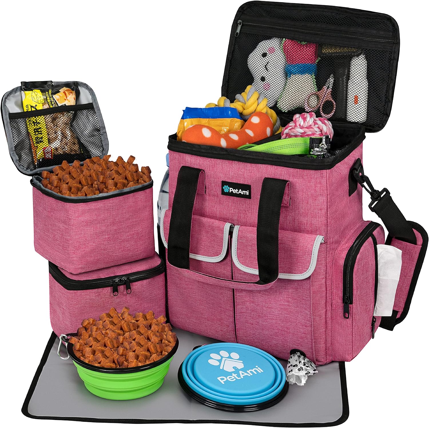 PetAmi Dog Travel Bag Pet Supplies Accessories Organizer for Traveling, Camping, Weekend; Cat Pet Travel Bag Kit Includes 2 Food Storage Containers, 2 Collapsible Bowls, 1 Feeding Mat (Pink) PetAmi Dog Travel Bag Pet Supplies Accessories Organizer for Traveling, Camping, Weekend; Cat Pet Travel Bag Kit Includes 2 Food Storage Containers, 2 Collapsible Bowls, 1 Feeding Mat (Pink)