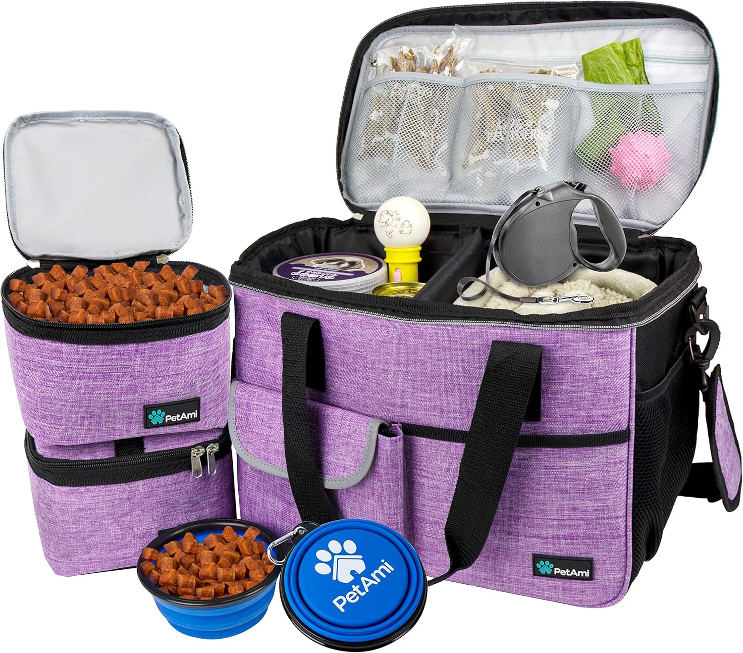 PetAmi Dog Travel Bag, Travel Pet Bag Organizer, Dog Food Travel Bag with Food Container and Bowls, Dog Travel Supplies Gift Accessories for Weekend Camping, Dog Cat Diaper Bag (Purple, Medium) PetAmi Dog Travel Bag, Travel Pet Bag Organizer, Dog Food Travel Bag with Food Container and Bowls, Dog Travel Supplies Gift Accessories for Weekend Camping, Dog Cat Diaper Bag (Purple, Medium)