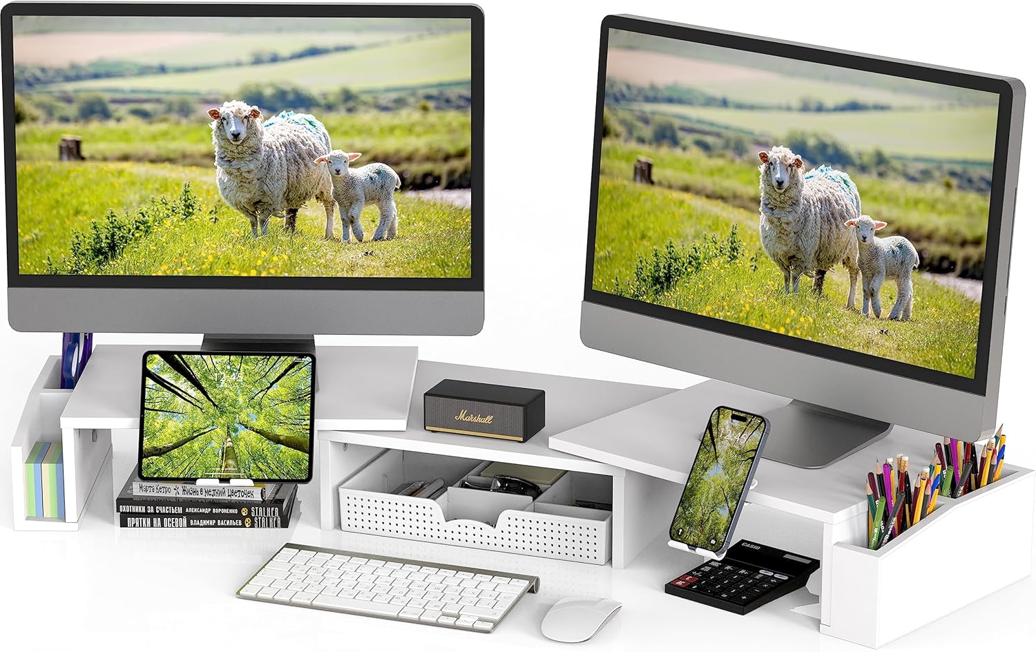 Simple Houseware Desk Dual Monitor Stand Riser with Drawer, White Simple Houseware Desk Dual Monitor Stand Riser with Drawer, White