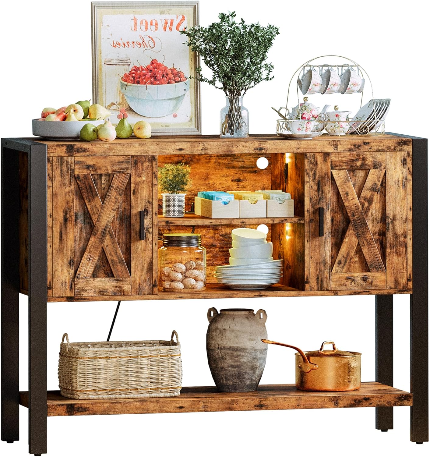 IRONCK Sideboard Buffet Cabinet with LED Light & Charging Station, Coffee Station Table, Bar Storage for Kitchen, Dining Room, Living Room, Vintage Brown IRONCK Sideboard Buffet Cabinet with LED Light & Charging Station, Coffee Station Table, Bar Storage for Kitchen, Dining Room, Living Room, Vintage Brown