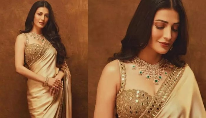 Shruti Haasan Dazzles in Gold Saree: Viral Photos You Can't Miss! Shruti Haasan Dazzles in Gold Saree: Viral Photos You Can't Miss!