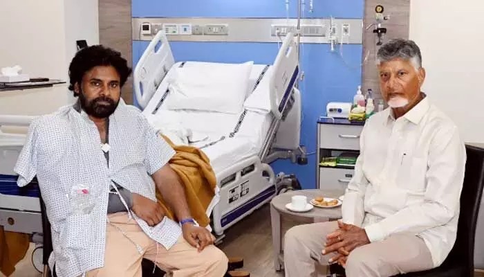 Pawan Kalyan's Viral Post-Surgery Look: CM Naidu Visits, Fans React Pawan Kalyan's Viral Post-Surgery Look: CM Naidu Visits, Fans React