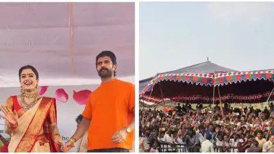 Vijay & Rashmika's Hometown Visit: Newlywed Bliss & Fan Frenzy in Telangana! Vijay & Rashmika's Hometown Visit: Newlywed Bliss & Fan Frenzy in Telangana!