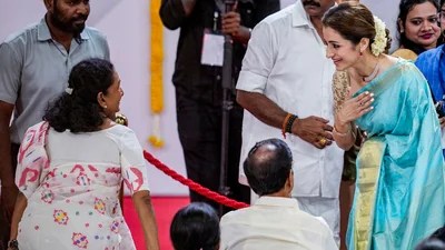 Trisha Krishnan Steals Spotlight at CM Vijay's Oath, Greets His Mother Amidst Dating Buzz Trisha Krishnan Steals Spotlight at CM Vijay's Oath, Greets His Mother Amidst Dating Buzz