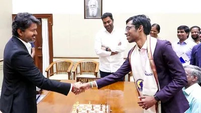 CM Vijay's Chess Face-Off with Grandmaster Praggnanandhaa: ₹50 Lakh Reward! CM Vijay's Chess Face-Off with Grandmaster Praggnanandhaa: ₹50 Lakh Reward!