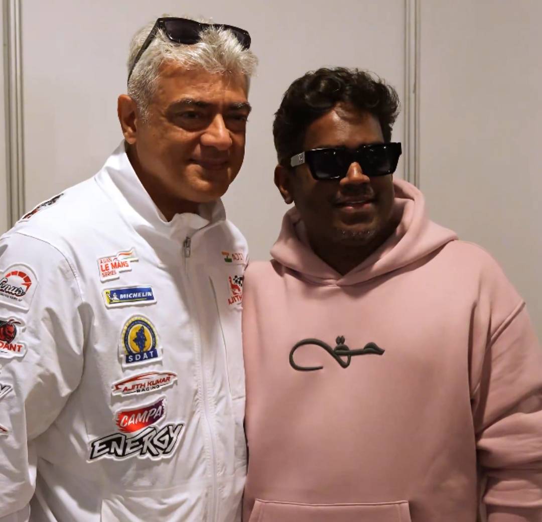 Yuvan Shankar Raja meets actor Ajith at Dubai Autodrome viral moment Yuvan Shankar Raja meets actor Ajith at Dubai Autodrome viral moment