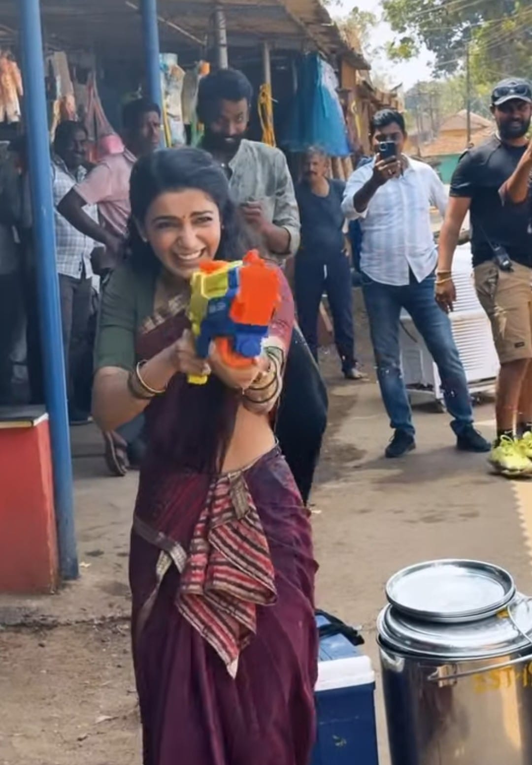 Samantha Ruth Prabhu playing Holi on Maa Inti Bangaaram movie set Samantha Ruth Prabhu playing Holi on Maa Inti Bangaaram movie set