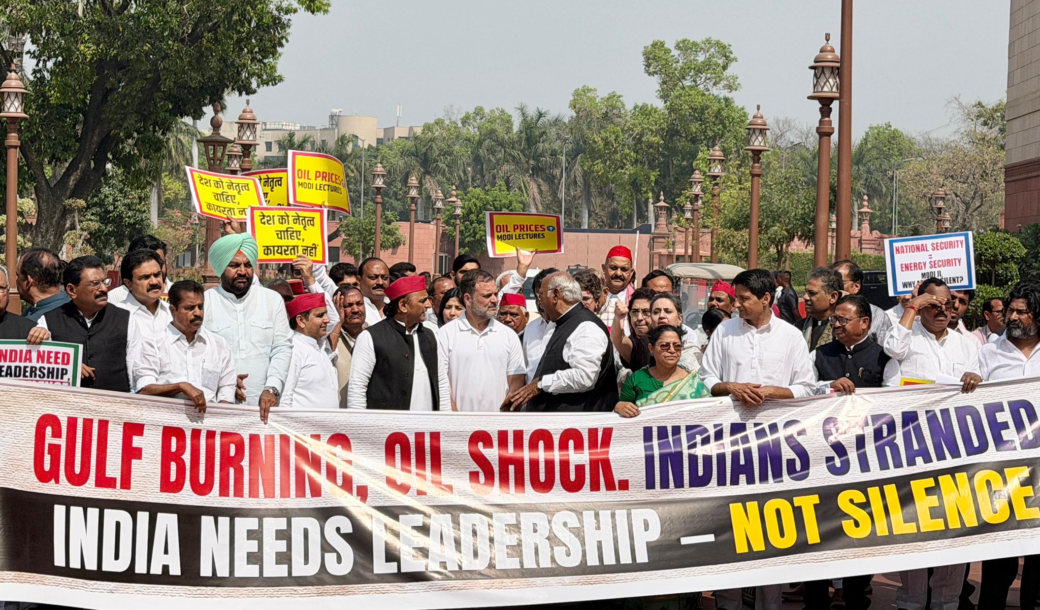 INDIA bloc MPs protesting West Asia conflict silence outside Parliament complex INDIA bloc MPs protesting West Asia conflict silence outside Parliament complex
