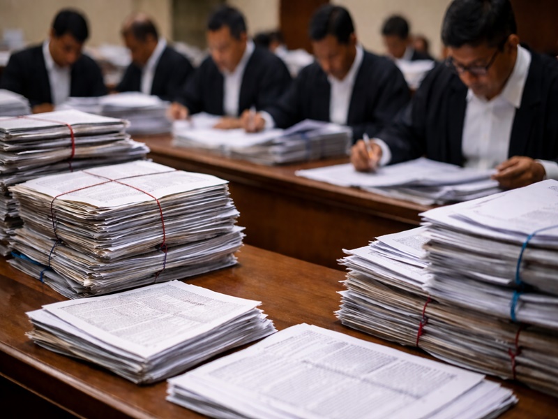 Judicial officers reviewing voter identity documents for Bengal SIR adjudication process Judicial officers reviewing voter identity documents for Bengal SIR adjudication process