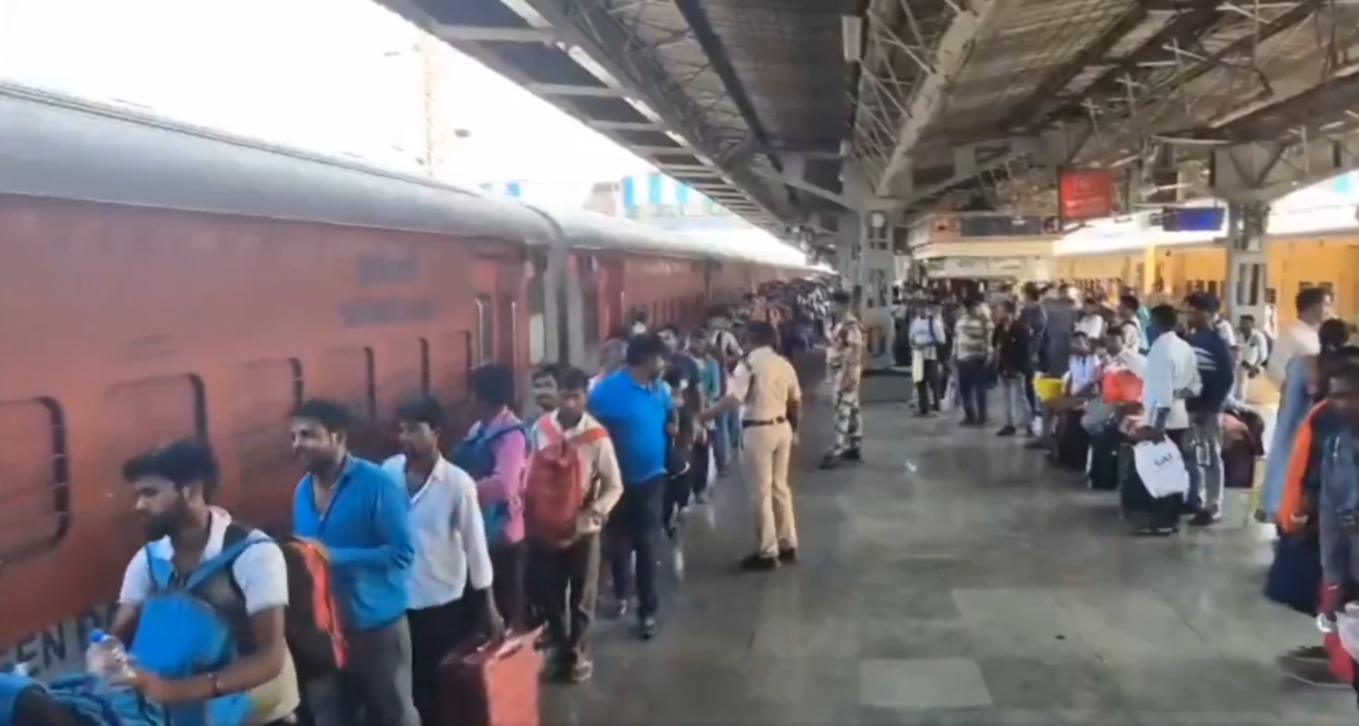 Indian Railways special train at a crowded station during Holi festival rush Indian Railways special train at a crowded station during Holi festival rush