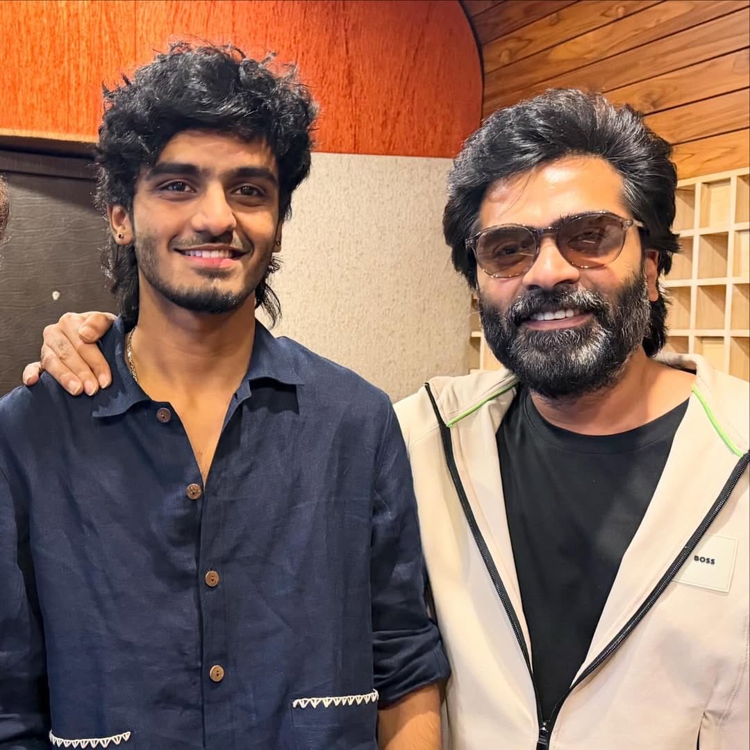 Simbu and music director Sai Abhyankar recording song for Karuppu film Simbu and music director Sai Abhyankar recording song for Karuppu film