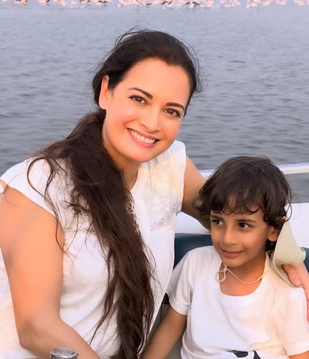 Dia Mirza son Avyaan watching flamingos in Airoli mangrove habitat Dia Mirza son Avyaan watching flamingos in Airoli mangrove habitat