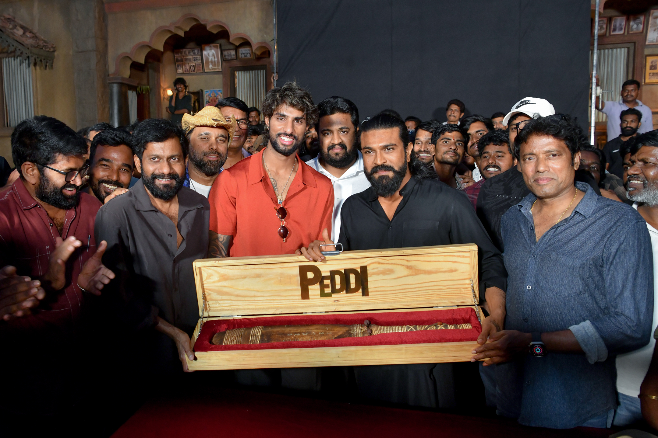Tilak Varma and Ram Charan on Peddi film sets with cricket bat Tilak Varma and Ram Charan on Peddi film sets with cricket bat