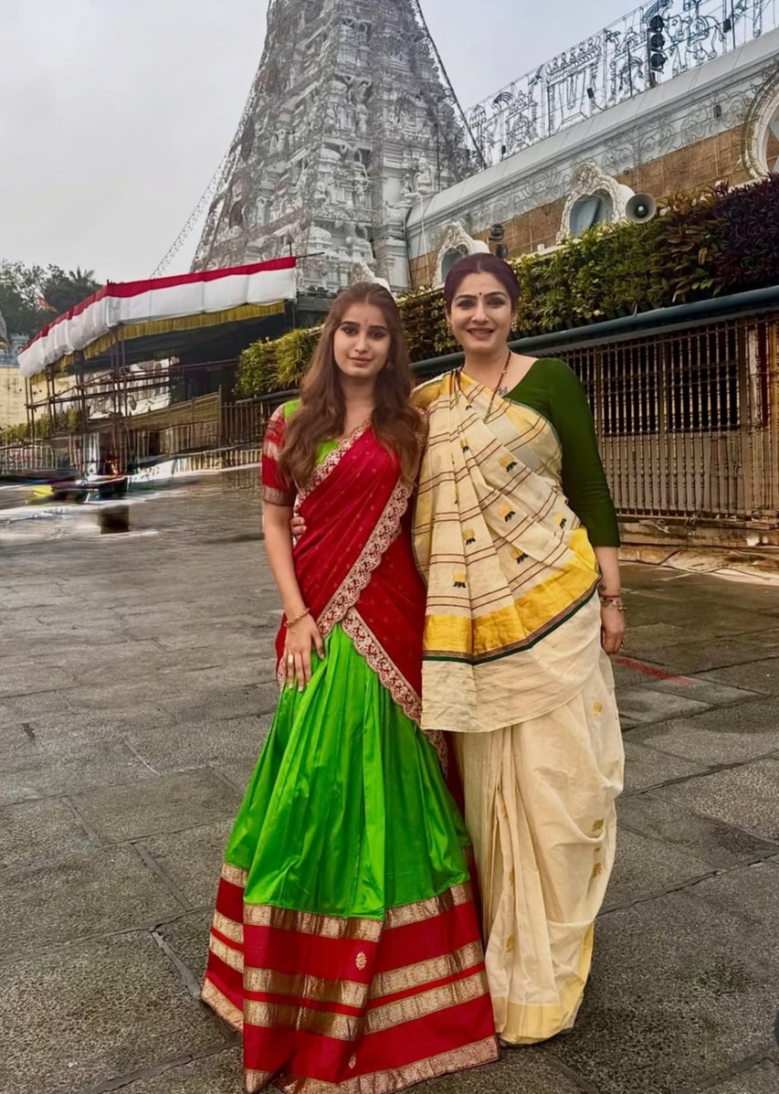 Raveena Tandon and Rasha Thadani at Tirupati temple in traditional sarees Raveena Tandon and Rasha Thadani at Tirupati temple in traditional sarees