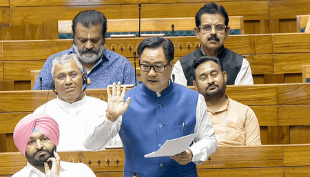 Kiren Rijiju addressing Parliament about motion against Speaker Om Birla Kiren Rijiju addressing Parliament about motion against Speaker Om Birla